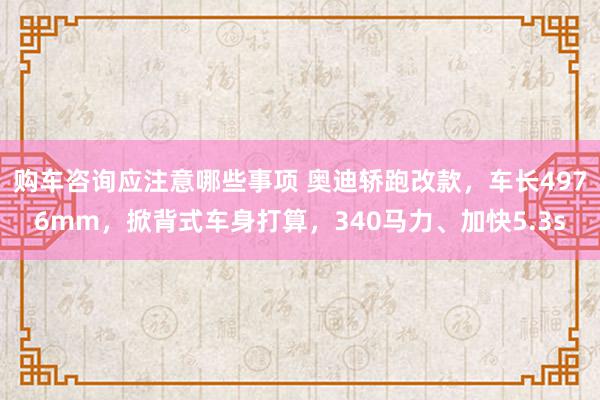 购车咨询应注意哪些事项 奥迪轿跑改款，车长4976mm，掀背式车身打算，340马力、加快5.3s